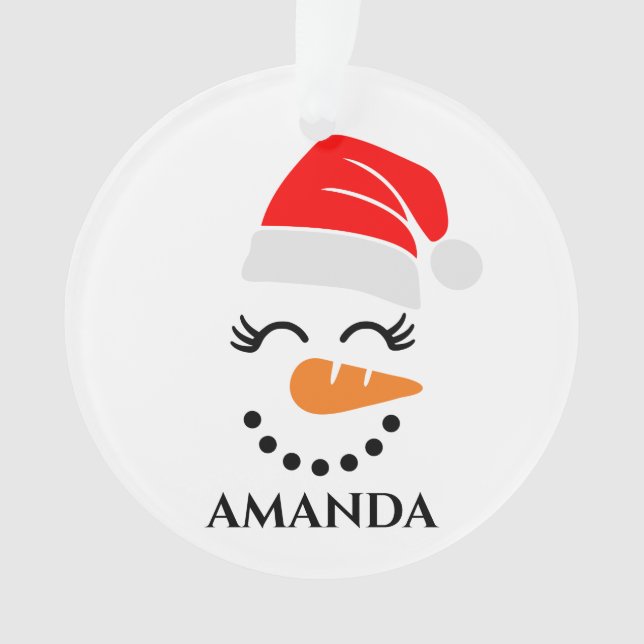 Ornamento Boneco de neve de Natal personalizado com nome cus (Frente)