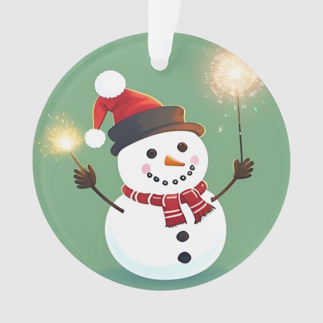 Ornamento Boneco de Neve Feliz com Faíscas e Chapéu de Papai (Frente)