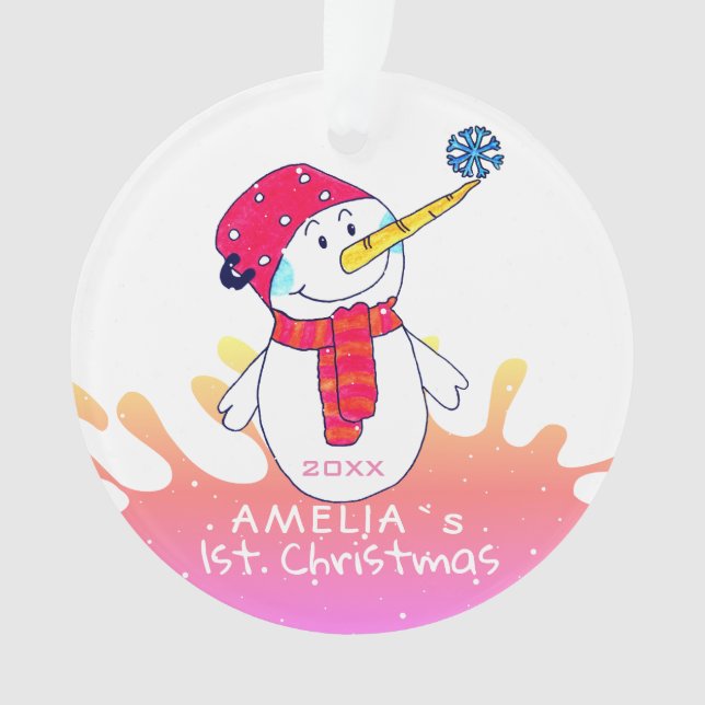 Ornamento Boneco de Neve Rosa Primeiro Natal do Bebê (Frente)