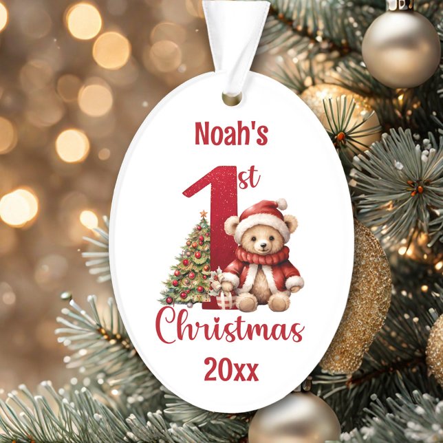 Ornamento Boneco de Urso Bonito 1rua Natal (Cute Teddy Bear Baby Boy 1st Christmas Ornament)