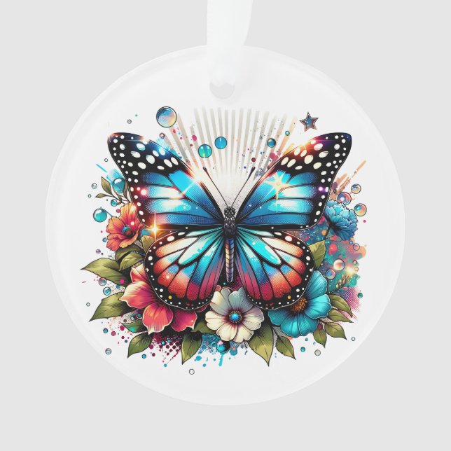 Ornamento Borboleta Azul e Flores Personalizadas no Natal (Frente)