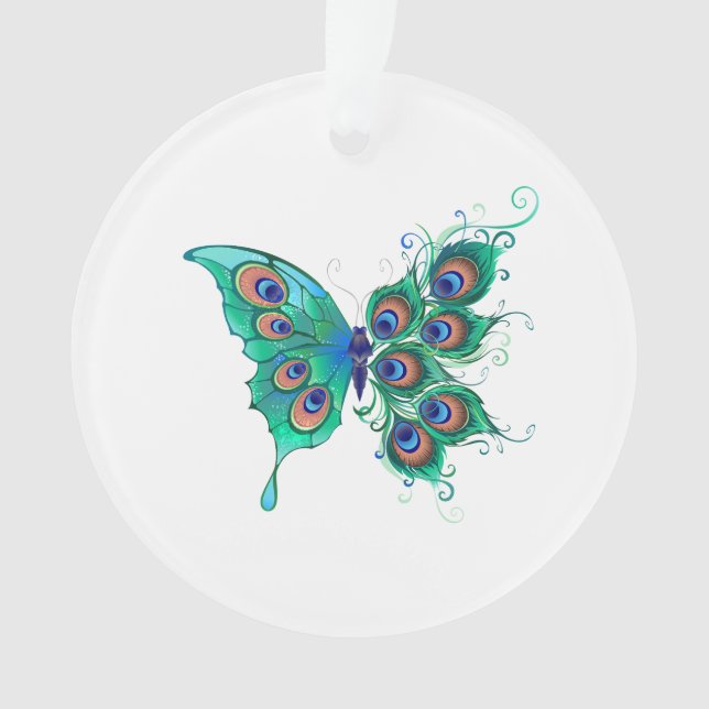 Ornamento Borboleta com Penas de Pavão Verde (Frente)