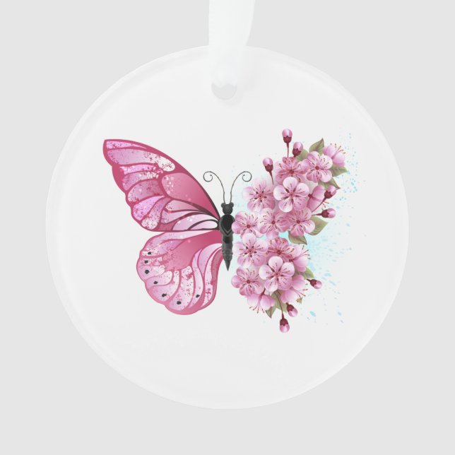 Ornamento Borboleta Flor com Sakura Rosa (Frente)