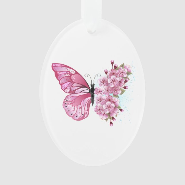Ornamento Borboleta Flor com Sakura Rosa (Frente)