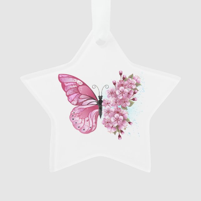 Ornamento Borboleta Flor com Sakura Rosa (Frente)