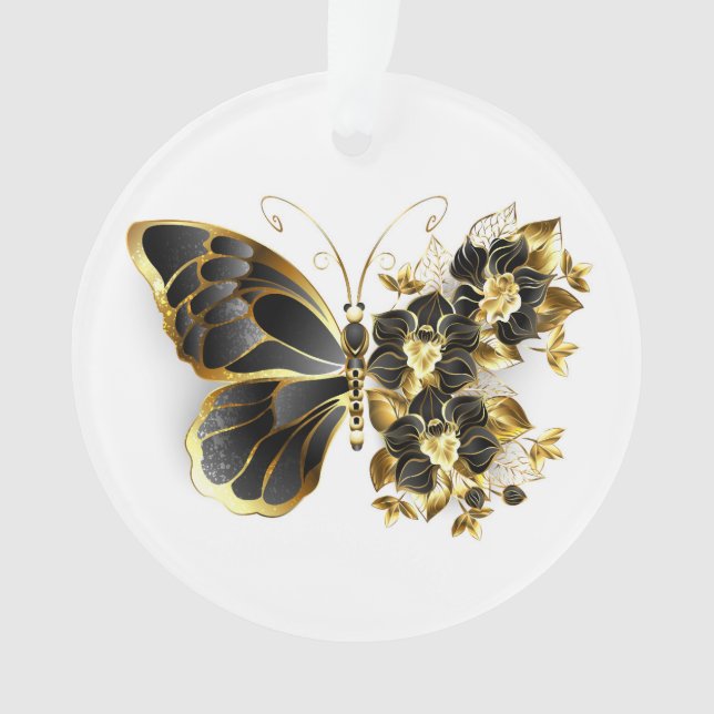 Ornamento Borboleta Flor de Ouro com Orquídea Preta (Frente)