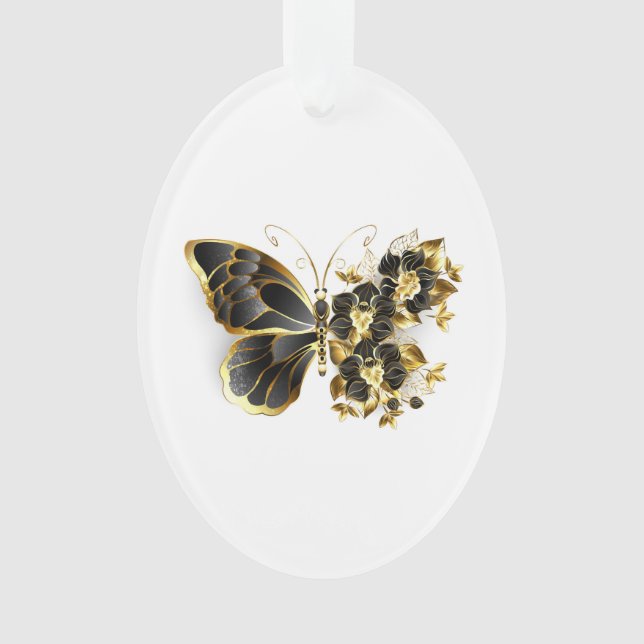 Ornamento Borboleta Flor Dourada com Orquídea Preta (Frente)