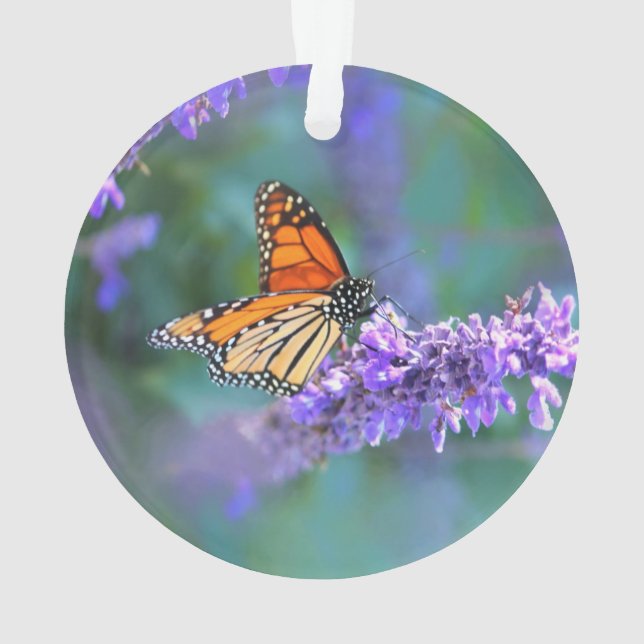 Ornamento Borboleta Monarca na Flor Lilás Roxo (Verso)