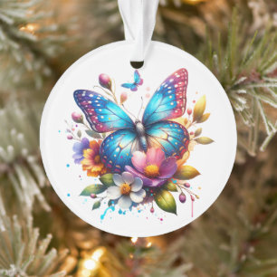 Ornamento Borboleta rosa e azul em flores personalizadas
