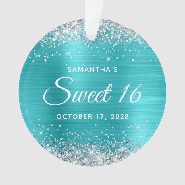 Ornamento Brilho Prateado Azul Turquesa Foil Sweet 16 (Frente)