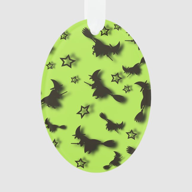 Ornamento bruxa voadora entre as estrelas na noite de Hallow (Frente)