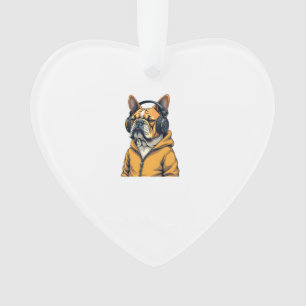 Ornamento Bulldog Antigo de Headphones Vestindo Capuz Música