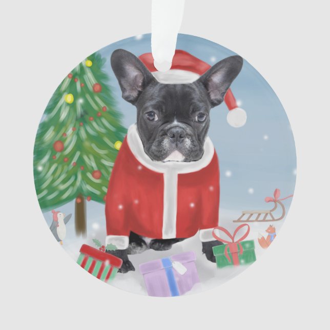 Ornamento Bulldog Francês em Neve com Presentes de Natal (Frente)