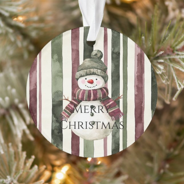 Ornamento Burgundy Cream Pine Green Strips Snowman (Árvore)