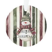 Burgundy Cream Pine Green Strips Snowman