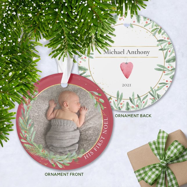 Ornamento Burgundy First Noel Christmas Greenery Baby Photo (Criador carregado)