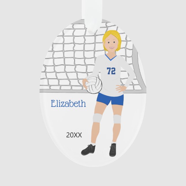 Ornamento Cabelo-de-vôlei curto-loiro em branco azul (Frente)