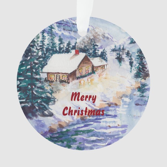 Ornamento Cabine do inverno no rio Snowscape Painterly (Frente)