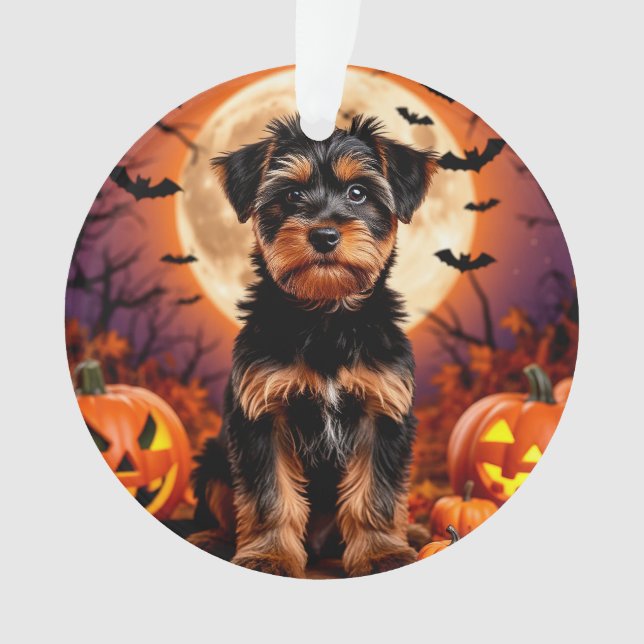Ornamento Cachorrinho Adorável com Fundo de Halloween (Frente)