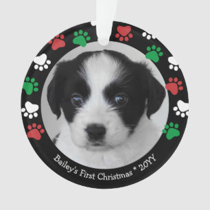Ornamento Cachorrinho Fofinho Primeiro Natal Pegadas Vermelh