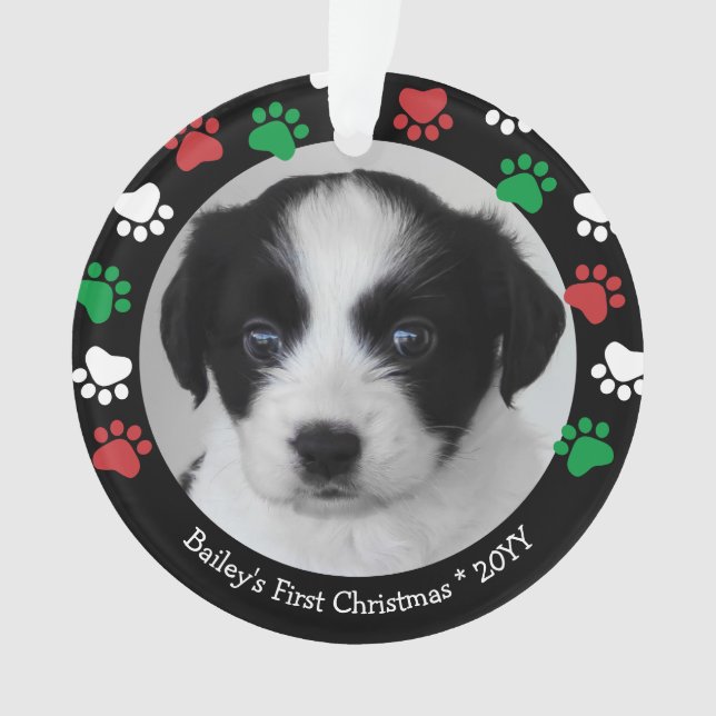 Ornamento Cachorrinho Fofinho Primeiro Natal Pegadas Vermelh (Frente)