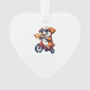 Ornamento cachorro andando de bicicleta comendo pizza