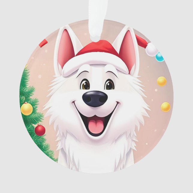 Ornamento Cachorro Branco com Chapéu de Papai Noel (Frente)