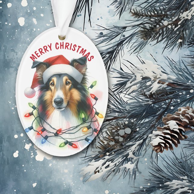 Ornamento Cachorro Collie Santa Hat na Cadeia de Férias (Criador carregado)