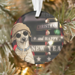Ornamento Cachorro engraçado de Natal bebendo chá de bolhas