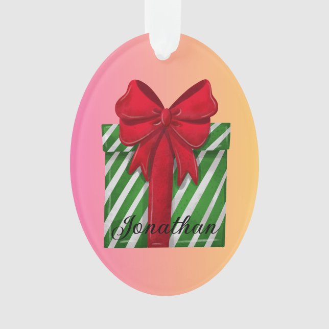 Ornamento Caixa de Natal listrada personalizada moderna (Frente)