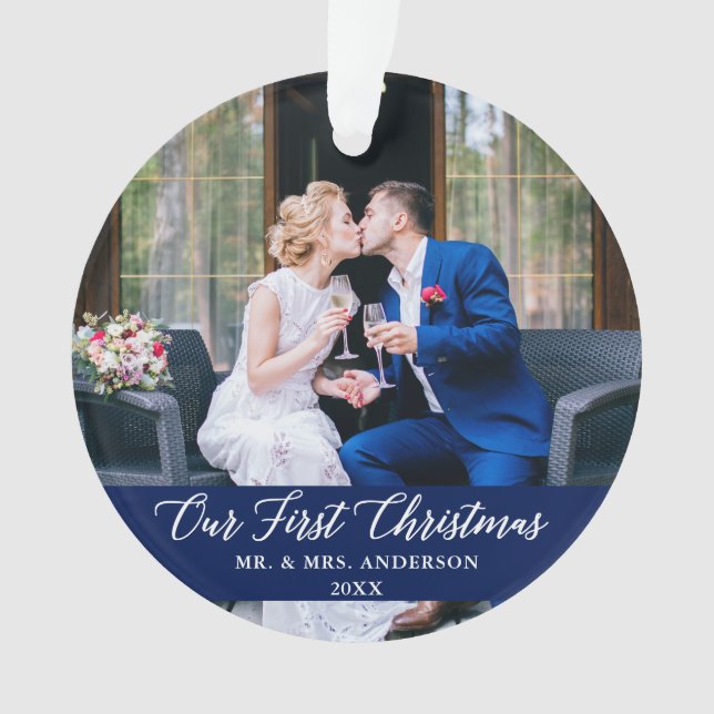 Ornamento Caligrafia elegante Nosso Primeiro Azul De Natal (Frente)