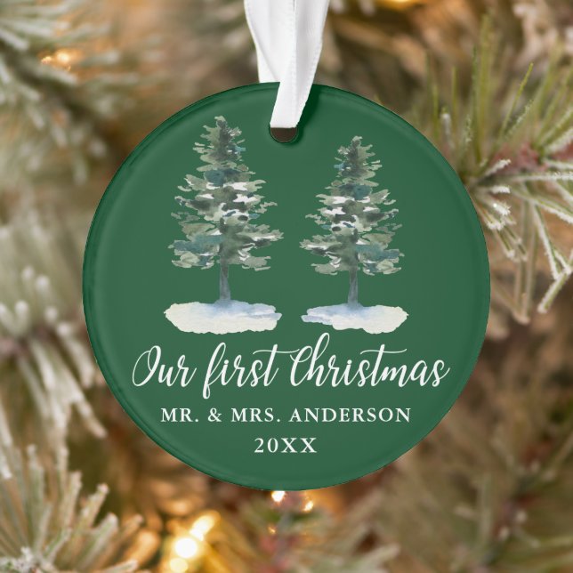 Ornamento Caligrafia Primeiro Natal Aquarela Dois Pinheiros (Árvore)