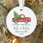 Ornamento Calliografia Green Sra. Christmas Red Truck<br><div class="desc">Caligrafia moderna retrata nosso primeiro Natal como Sr. e Sra. - Vintage Vintage Red Truck Ornament - Forest Green Text</div>