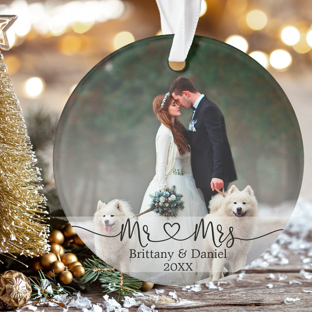 Ornamento Calliografia Heart Sr. e Sra. Wedding Photo (Customize to change your personalized text style or size.)
