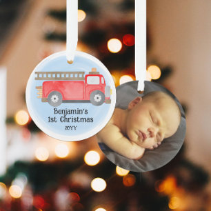 Ornamento Caminhão de Bombeiros Bebê do 1º Natal Foto Lembra
