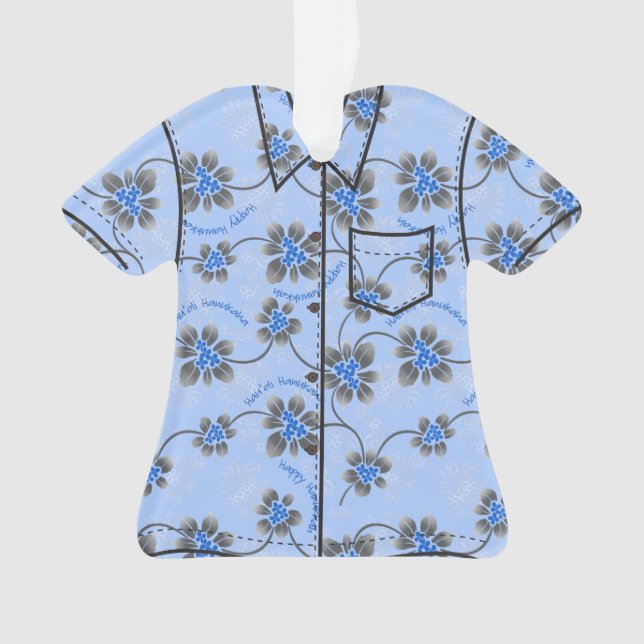 Ornamento Camisa Azul Floral Aloha Havaiana Holly Hanukkah (Frente)