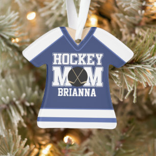 Ornamento Camisa de Hockey da Mãe Personalizada Azul/Branco