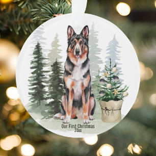 Ornamento Cão Pastor Alemão Árvore de Pinheiro Aquarela Nata