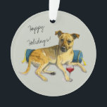 Ornamento Cão rajado bonito que aprecia a pintura do vinho<br><div class="desc">Esta é uma pintura da aguarela de um cão que estabelece a inclinação contra um travesseiro de vista luxuoso com borlas. Tem um vidro do vinho tinto em sua pata.</div>