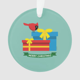 Ornamento Cardeal Vermelho Cinto Abrindo Um Presente Azul