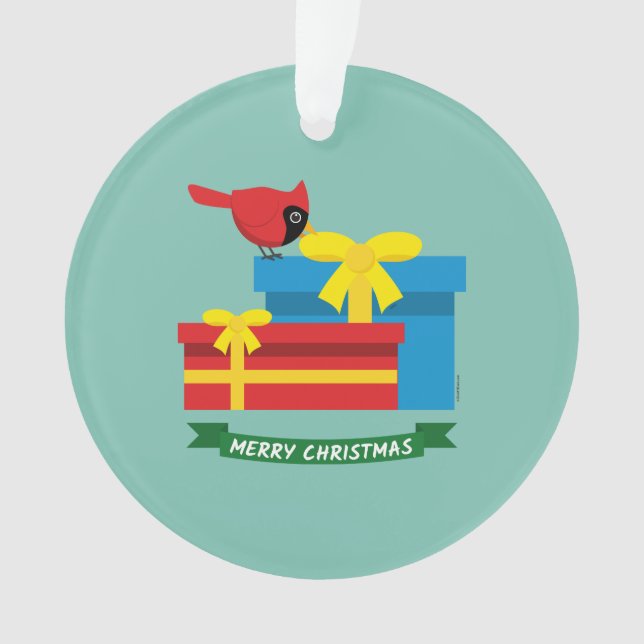 Ornamento Cardeal Vermelho Cinto Abrindo Um Presente Azul (Frente)