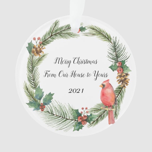 Ornamento Cardeal Vermelho em uma Frota de Natal - aquarelas (Frente)