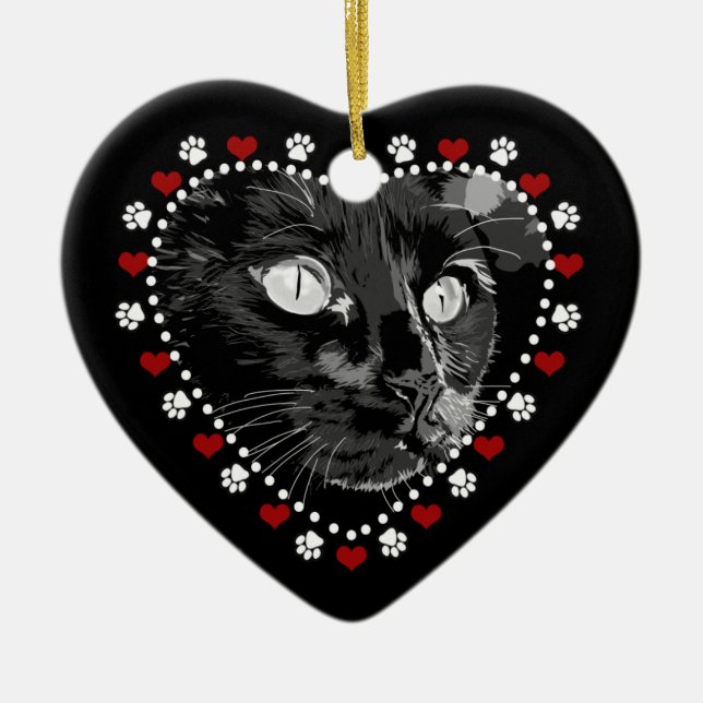 Ornamento Cardíaco de Feliz de Gato Preto (Frente)