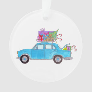 Ornamento Carro Azul com Presente de Natal Aquarela