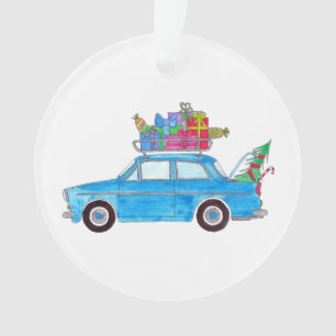 Ornamento Carro Azul com Presentes de Natal Aquarela