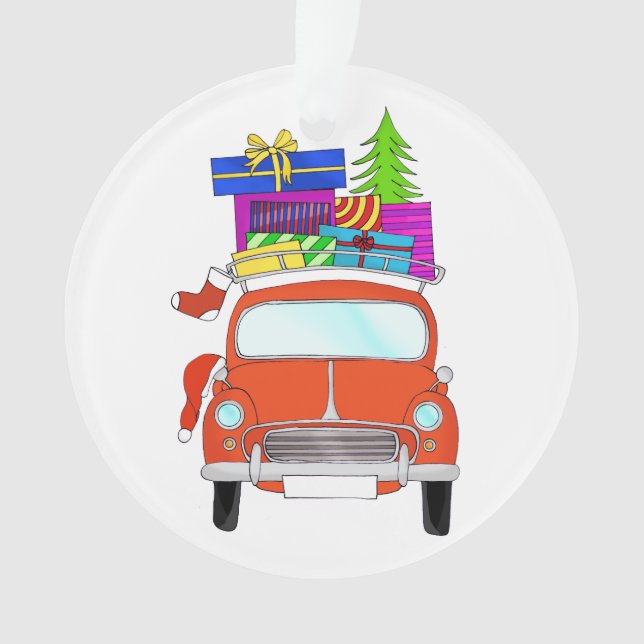 Ornamento Carro de Natal desenhado à mão com presentes (Frente)