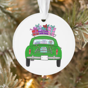 Ornamento Carro Verde com presentes de Natal