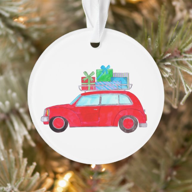 Ornamento Carro Vermelho com Dobras de Natal Aquarela (Árvore)