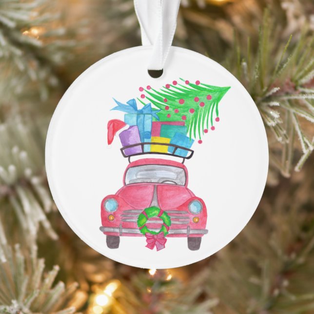 Ornamento Carro Vermelho com Dobras de Natal Aquarela (Árvore)