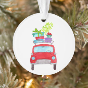 Ornamento Carro Vermelho com Dobras de Natal Aquarela
